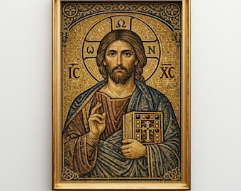 Jesus Christ Byzantine Icon Mosaic Canvas Wall Art, Large Christian Religious Decor, Orthodox Church Artwork Y14MC