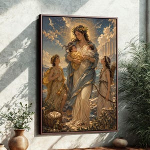 Könnte beinhalten: Ein gerahmter Wandkunstdruck zeigt eine zentrale Figur mit goldenem Heiligenschein in einem weiß-blauen Gewand, die zwei Säuglinge hält. Zwei Kinder mit Lorbeerkränzen stehen an den Seiten, eines hält ein Horn, das andere einen Bogen.