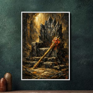 Könnte beinhalten: Ölgemälde, das ein goldenes Zepter mit roten Juwelen zeigt, das auf Steinstufen vor einem dunklen Thron liegt. Das Kunstwerk spielt in einer schwach beleuchteten Höhle, wobei warmes Licht die Szene erhellt. Das Thema ist Fantasy.