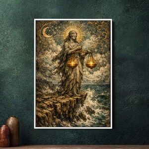 Ornate Tarot Justice Statue Framed Canvas Wall Art - Blindfolded Woman with Golden Scales on Cliffside - Large Dark Academia Home Decor