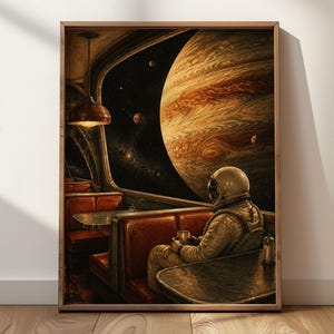 May include: A framed wall art print depicting an astronaut in a white space suit sitting in a retro red leather diner booth. Through a large window, a massive orange and brown planet is visible in deep space alongside smaller celestial bodies.