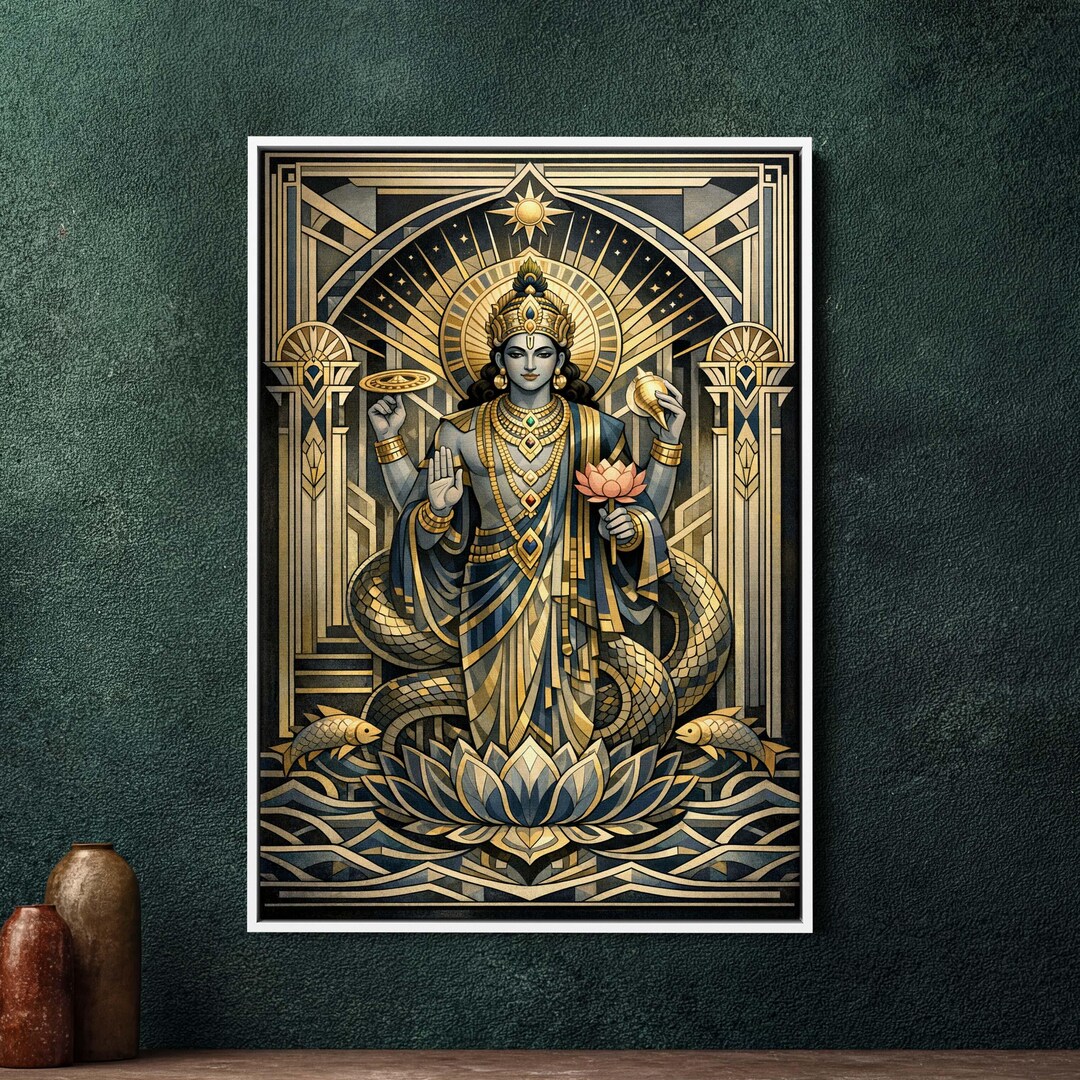 Vishnu Art Deco Framed Canvas Print, Large Wall Decor, Hindu God Wall ...