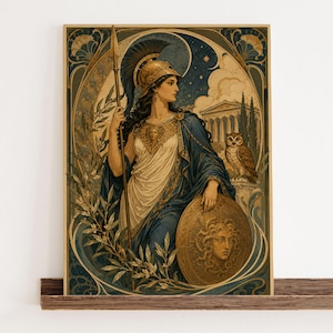 May include: A rectangular wall art print featuring a depiction of a goddess wearing a golden helmet and armor, holding a tall spear and a round shield with a Gorgon face. An owl sits nearby, with a Greek temple and starry night sky in the background.