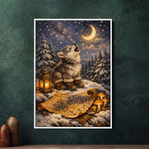 Könnte beinhalten: Digitaler Kunstdruck eines Wolfswelpen, der den Mond in einem verschneiten Wald anheult. Der Welpe trägt gemusterte Stiefel und sitzt in der Nähe einer Laterne und einer Karte. Der Nachthimmel ist voller Sterne und eines Halbmonds.