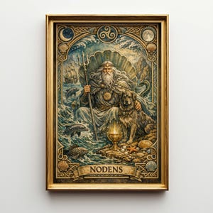 May include: A framed art print featuring a watercolor illustration of a bearded figure with a trident, seated on a shell throne with a dog. The artwork includes dolphins, a ship, and the word "NODENS" on a banner.