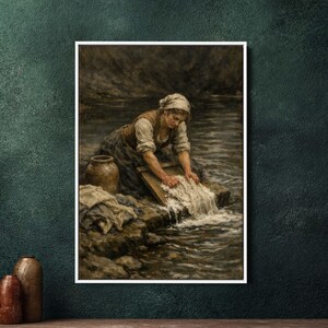 Op de afbeelding: Een ingelijste prent van een klassiek schilderij dat een vrouw toont die kleren wast in een rivier. Het kunstwerk toont een vrouw met een witte hoofddoek en schort, die wasgoed schrobt op een houten wasbord. De scène speelt zich buiten af met een neutraal kleurenpalet.