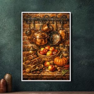 Könnte beinhalten: Ein Stillleben-Gemälde einer Küche mit Kupferpfannen und -töpfen, die über einer Backsteinmauer hängen. Ein Korb mit Äpfeln, ein Kürbis und Gewürze befinden sich auf einer Holzoberfläche. Warme Farbtöne von Braun, Orange und Rot.