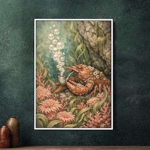 May include: A framed art print depicts a whimsical underwater scene. A red lobster, adorned with floral accents, smokes a pipe amidst coral and seaweed. Bubbles float upwards, creating a surreal and imaginative artwork. The print is set against a teal background.