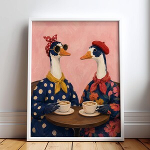 Two Stylish Geese Coffee Date Pink Gouache Poster & Canvas DSSC7