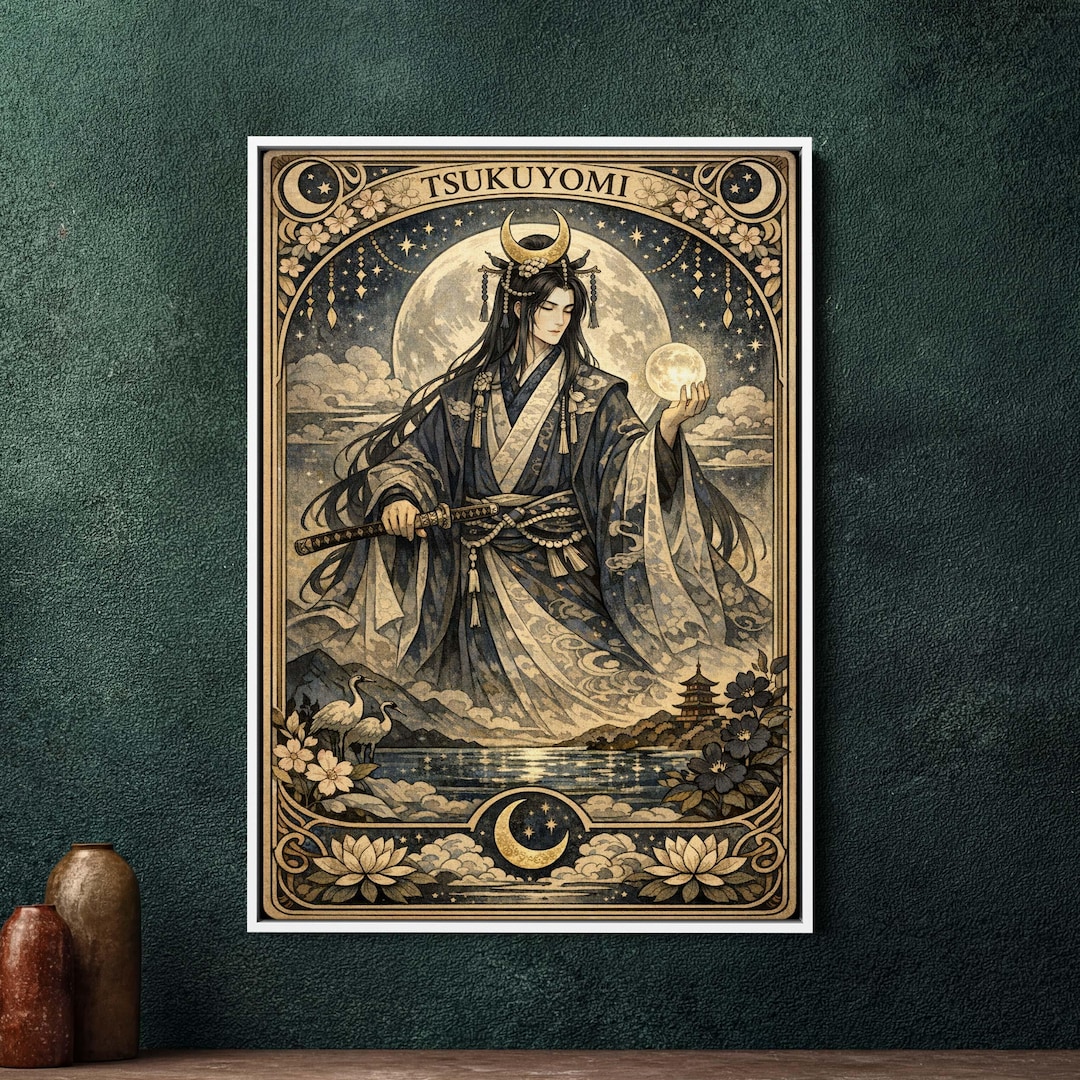 Tsukuyomi Moon God Tarot Art, Big Framed Canvas Wall Art, Japanese