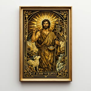 Könnte beinhalten: Ein gerahmter Kunstdruck mit Johannes dem Täufer im Gold- und Brauntönen des Art Deco-Stils. Das Bild zeigt ein Lamm, einen Wasserfall und den Text "ECC AGNUS DEI" und "ST. JOHN THE BAPTIST". Das Kunstwerk hat einen goldenen Rahmen.