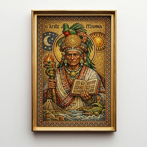 May include: Framed mosaic art depicting a figure with a feathered headdress, holding a staff with a serpent and a book. The artwork features a gold frame and includes text in a foreign language. The color palette includes gold, green, red, and blue.
