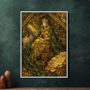 Könnte beinhalten: Gerahmtes Gemälde einer königlichen Figur in goldenem Kleid und Krone, mit grünem Umhang. Die Figur sitzt auf gestapelten Truhen, umgeben von antiken Vasen und Dokumenten. Das Kunstwerk hat eine warme, goldene Farbpalette.
