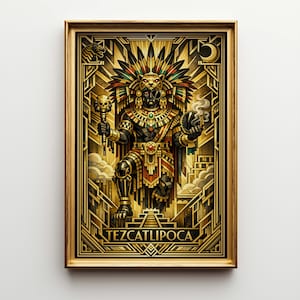 Op de afbeelding: Een ingelijste kunstdruk met een gestileerde illustratie van Tezcatlipoca, een Azteekse godheid. Het kunstwerk is overwegend goud, zwart en rood, met ingewikkelde geometrische patronen en een gedetailleerde weergave van de godheid die een staf met een schedel erop en een rokend voorwerp vasthoudt. Het woord "TEZCATLIPOCA" staat onderaan.