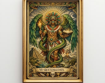 Quetzalcoatl Aztec God Tarot Wall Art, Large Canvas Print, Mystical Mythology Decor, Serpent Home Artwork Y14MC
