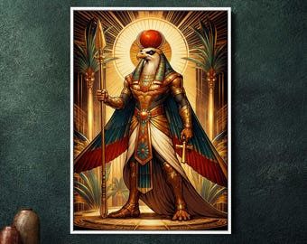 Montu Egyptian God Art Deco Framed Canvas Wall Art, Large Mythological Decor for Living Room, Unique Ancient Egypt Gift