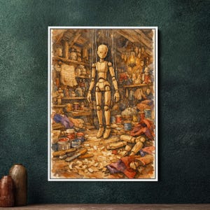 Marionette Puppet Maker Attic Framed Canvas Wall Art - Large Whimsical Watercolor Ink Line Painting - Maximalist Workshop Decor