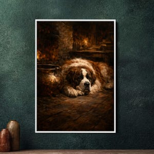Könnte beinhalten: Gerahmter Kunstdruck eines Bernhardiners, der vor einem Kamin auf einem Holzboden ruht. Der Hund hat braunes und weißes Fell. Ein Kupfertopf steht in der Nähe des Kamins. Eine Kerze und Bücher befinden sich auf einem Regal im Hintergrund.