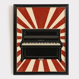 Könnte beinhalten: Ein gerahmter Kunstdruck mit einem schwarzen Klavier, das vor einem Hintergrund aus strahlenförmigen roten und cremefarbenen Streifen zentriert ist. Das Klavier zeigt eine vollständige Tastatur und drei Pedale, eingefasst in einen schwarzen Rahmen.