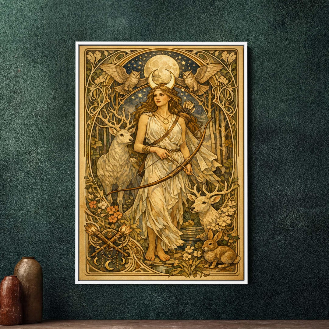 Art Nouveau Diana Goddess Framed Canvas Wall Art, Large Art Nouveau ...