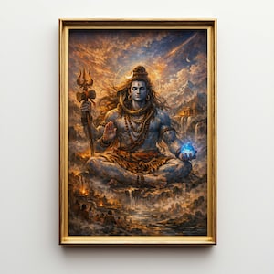 May include: A framed artwork depicts a serene figure in a meditative pose, adorned with jewelry and holding a trident. The figure is surrounded by a celestial backdrop of clouds, mountains, and a waterfall. The artwork is framed in a gold-colored frame.