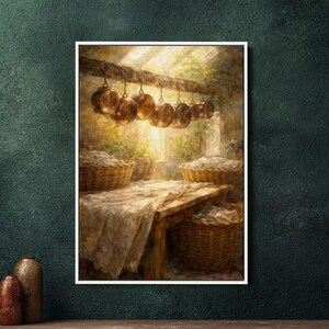 Könnte beinhalten: Ein gerahmtes Gemälde zeigt eine rustikale Küchenszene. Kupferkessel hängen an einem Holzbalken über einem Holztisch, der mit einem weißen Tuch bedeckt ist. Weidenkörbe sind mit Leinen gefüllt, gebadet in warmem Licht.