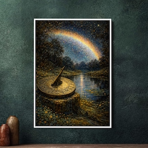 Könnte beinhalten: Ein gerahmter Kunstdruck zeigt eine Sonnenuhr in einer ruhigen Landschaft. Die goldene Sonnenuhr befindet sich auf einem moosigen Sockel in der Nähe eines ruhigen Flusses. Ein lebhafter Regenbogen spannt sich über einen Sternenhimmel und verschönert die Szene.
