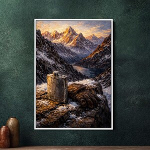 May include: A framed painting depicts a mountain landscape with a flask and glove on a snowy rock. The artwork features a silver flask and a brown leather glove. The background shows snow-capped mountains, a river, and a sunset.