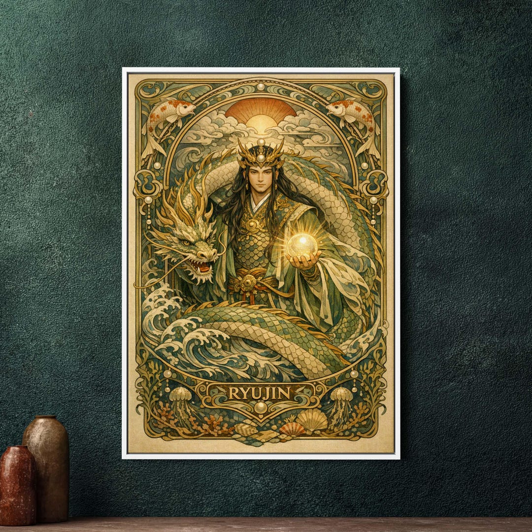 Ryujin Japanese Dragon God Art Nouveau Framed Canvas, Large Art Nouveau ...