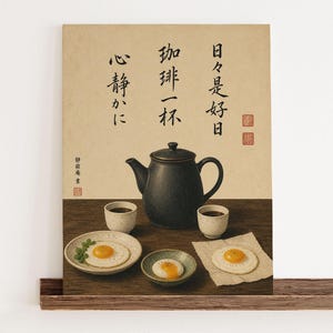 Könnte beinhalten: Ein vertikaler Wandkunstdruck mit einer mattschwarzen Teekanne, zwei kleinen gesprenkelten Tassen und drei Tellern mit Spiegeleiern. Der Hintergrund ist eine hellbeige Papiertextur mit schwarzer japanischer Kalligrafie und zwei roten Stempeln.