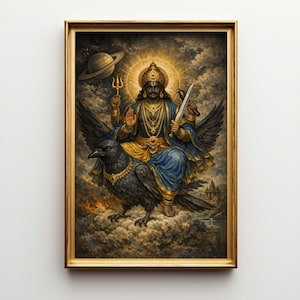 Könnte beinhalten: Ein gerahmtes Kunstwerk, das eine Gottheit zeigt, die auf einem großen schwarzen Vogel sitzt, vor dem Hintergrund von Wolken und einem Himmelskörper. Die Gottheit ist mit goldenen und blauen Gewändern geschmückt und hält einen Dreizack und ein Schwert. Das Kunstwerk ist in einem goldfarbenen Rahmen gerahmt.