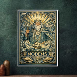 May include: Art Deco style print featuring a regal figure with a trident, crown, and flowing robes. The artwork is in shades of blue, gold, and white, with the word "NODENS" prominently displayed. The image includes seahorses, a ship, and fish.