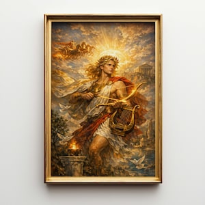 Pode incluir: Uma pintura emoldurada retrata uma figura clássica com uma lira e um arco dourados, banhada pela luz do sol. A obra de arte apresenta uma moldura dourada, uma coroa de louros e uma vestimenta drapeada vermelha e branca. O fundo inclui uma carruagem, pombas e arquitetura clássica.
