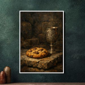 Könnte beinhalten: Gerahmtes Stillleben-Gemälde mit einem Schokoladen-Chip-Keks und einem dekorativen Silberkelch. Der Keks liegt auf einer Steinoberfläche, vor einem dunklen, strukturierten Hintergrund. Das Kunstwerk hat eine Vintage- und Antik-Ästhetik.