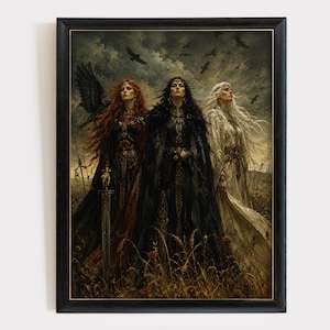 May include: A framed wall art print depicting three figures standing in a field under a dark, cloudy sky filled with flying birds. The figures wear long, flowing robes in shades of red, black, and white, with a sword held by the figure on the left.