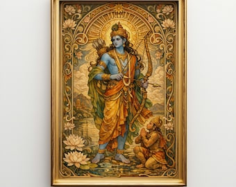 Lord Rama Art Nouveau Canvas - Large Art Nouveau Hindu Deity Wall Decor - Spiritual Yoga Studio Art Print Y14MC