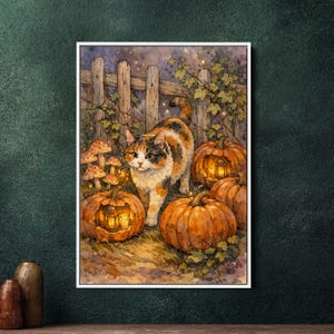 Könnte beinhalten: Aquarellmalerei einer Schildpattkatze in einer Halloween-Szene. Die Katze geht an geschnitzten Kürbissen mit brennenden Kerzen, Pilzen und einem Holzzaun vorbei. Das Kunstwerk hat eine warme, einladende Farbpalette.