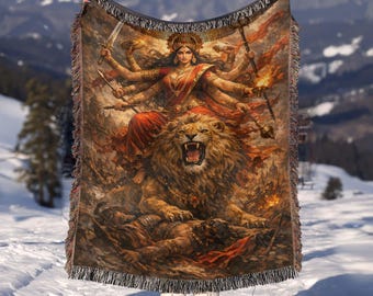 Durga Hindu Goddess Woven Blanket | Spiritual Tapestry Throw | Cozy Meditation Decor | Colorful Indian Art Gift
