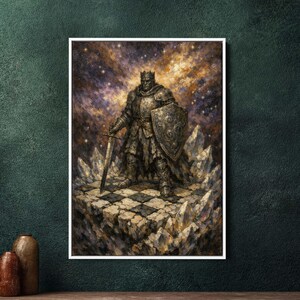 May include: A framed artwork depicts a medieval king in full armor, holding a sword and shield. The king stands on a checkered platform atop a crystalline structure, set against a starry, celestial background. The color palette includes gold, brown, and gray.