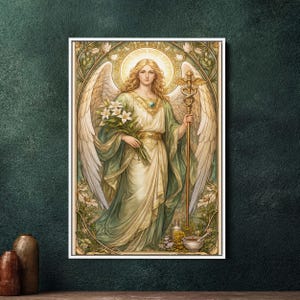 Peut inclure: Une œuvre d'art encadrée représente un ange serein aux cheveux blonds, vêtu d'une robe fluide verte et blanche. L'ange tient un bouquet de lys blancs et un bâton doré. L'œuvre présente un halo et une bordure florale ornée.