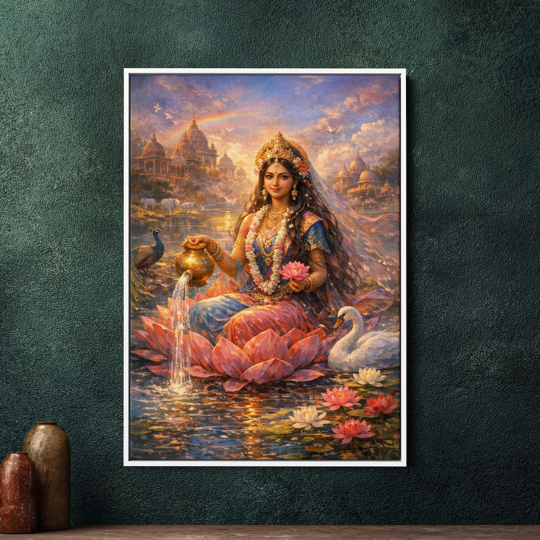 Yamuna Hindu Goddess Large Framed Canvas Wall Art - Colorful Indian ...