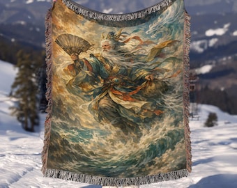 Fengbo Chinese Wind God Woven Blanket | Asian Mythology Throw | Cozy Couch Decor | Epic Fantasy Tapestry Blanket | Cozy Gift