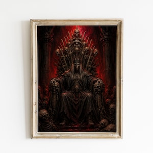May include: A framed wall art print featuring a dark, hooded figure seated on a throne constructed from human skulls and bones. The scene is set against a deep red, glowing background with architectural pillars, creating a somber, gothic atmosphere.