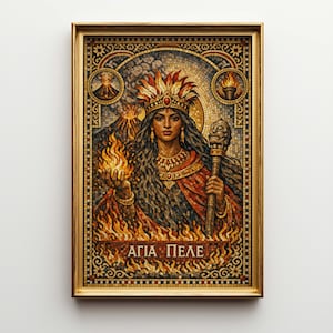 Könnte beinhalten: Gerahmter Mosaik-Kunstdruck mit einer Frau mit Krone, die Flammen und einen Stab hält. Das Kunstwerk hat einen goldenen Rahmen und enthält den Text "ΑΓΙΑ ΠΕΛΕ". Die Farbpalette umfasst Rot-, Orange- und Goldtöne.