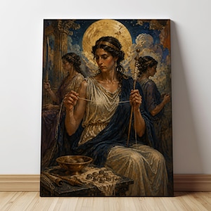 Könnte beinhalten: Ein Leinwanddruck mit drei Figuren in klassischer Kleidung vor einem dunkelblauen Himmel mit einem großen goldenen Mond. Die zentrale Figur hält eine Spindel und Faden, während eine Schale und kleine Objekte auf einem Tisch liegen.
