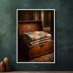 Könnte beinhalten: Eine offene Holzkiste, gefüllt mit einer gefalteten Patchworkdecke. Die Decke besteht aus bunten Quadraten, darunter Rot, Blau, Grün und Gelb. Die Truhe ist aus dunklem Holz gefertigt und hat Metallbeschläge.