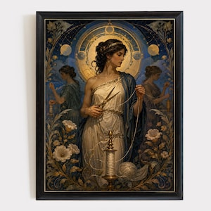 Könnte beinhalten: Ein gerahmter Kunstdruck mit einer zentralen Figur in einem weißen drapierten Gewand, die eine goldene Schere und einen langen Faden hält. Die Komposition umfasst einen goldenen Heiligenschein, Himmelskörper und florale Motive in Blau, Gold und Creme.