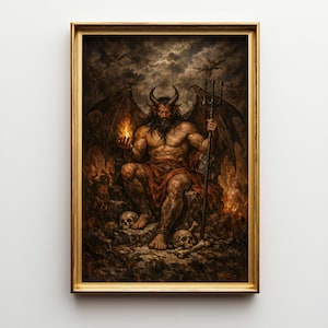 Könnte beinhalten: Ein gerahmtes Kunstwerk zeigt eine gehörnte, geflügelte Figur mit einem Dreizack, die auf einem felsigen Thron inmitten von Flammen und Schädeln sitzt. Die Figur hält eine Flamme in einer Hand. Das Kunstwerk ist in einem goldfarbenen Rahmen gerahmt.