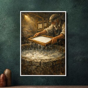 May include: An oil painting depicts a man in a workshop, holding a wooden frame with wet paper over a stone basin. Water drips from the frame. The scene is illuminated by a warm light, creating a rustic and historical ambiance.