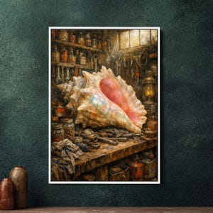 Könnte beinhalten: Eine große, farbenfrohe Muschel mit rosa und cremefarbenen Tönen liegt auf einer hölzernen Werkbank. Der Hintergrund zeigt eine Werkstatt voller Werkzeuge, Gläser und einer Laterne, die eine Vintage- und künstlerische Ästhetik erzeugt. Die Muschel ist der Mittelpunkt dieses Kunstwerks.